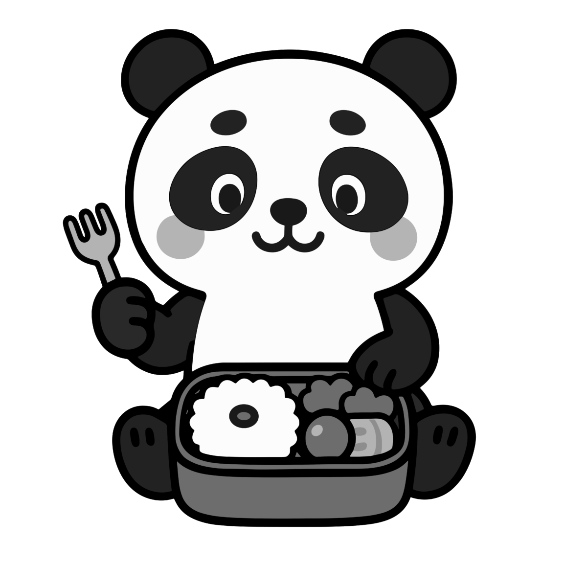 パンダがお弁当を食べるのイラスト無料ダウンロード(モノクロ)