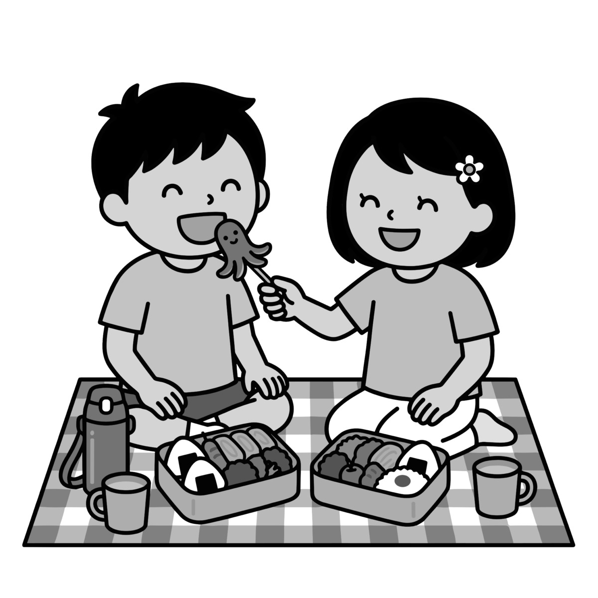 ピクニック弁当を楽しむ笑顔の子どもたちのイラスト無料ダウンロード（モノクロ）