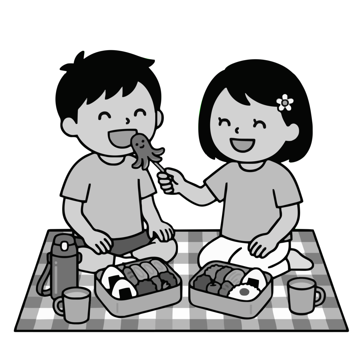 ピクニック弁当を楽しむ笑顔の子どもたちのイラスト無料ダウンロード(モノクロ)
