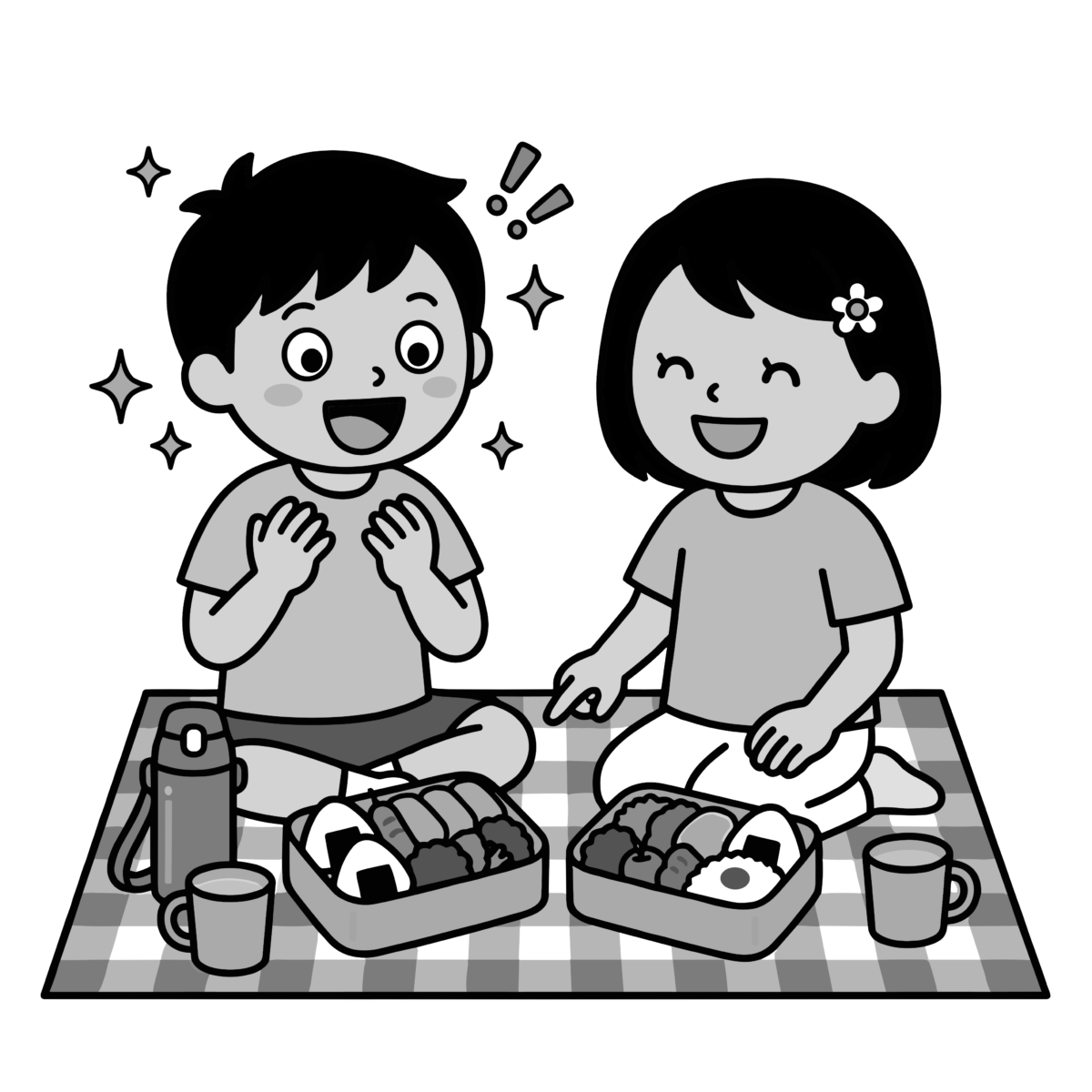 ピクニック弁当に驚く笑顔の子どもたちのイラスト無料ダウンロード（モノクロ）