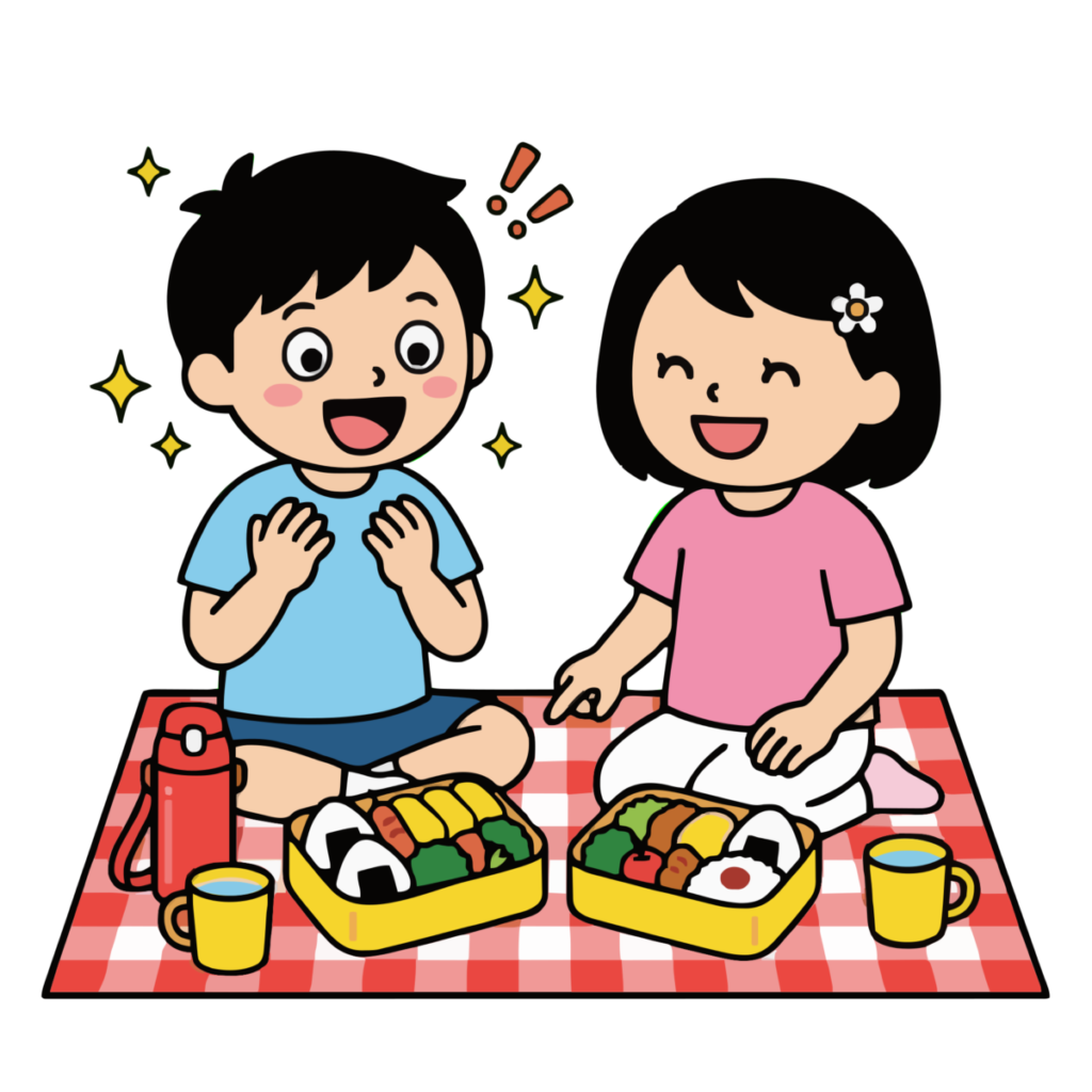 ピクニック弁当に驚く笑顔の子どもたちのイラスト無料ダウンロード（カラー）