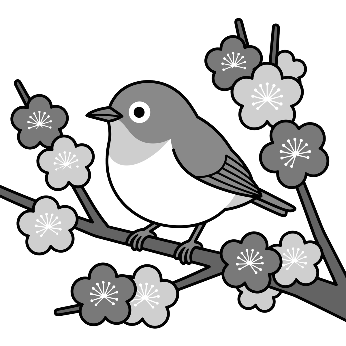 梅の花と小鳥のイラスト無料ダウンロード（モノクロ）