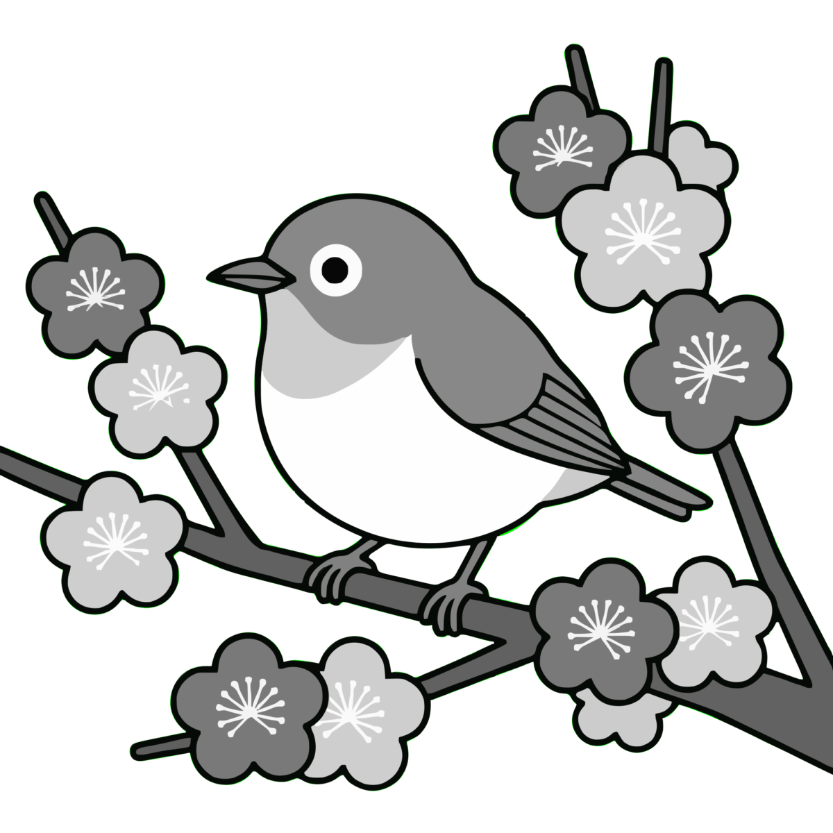 梅の花と小鳥のイラスト無料ダウンロード（モノクロ）