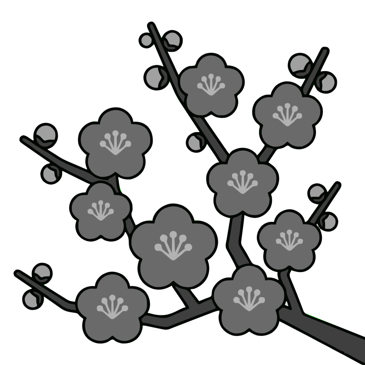 梅の花（枝いっぱい）のイラスト無料ダウンロード（モノクロ）
