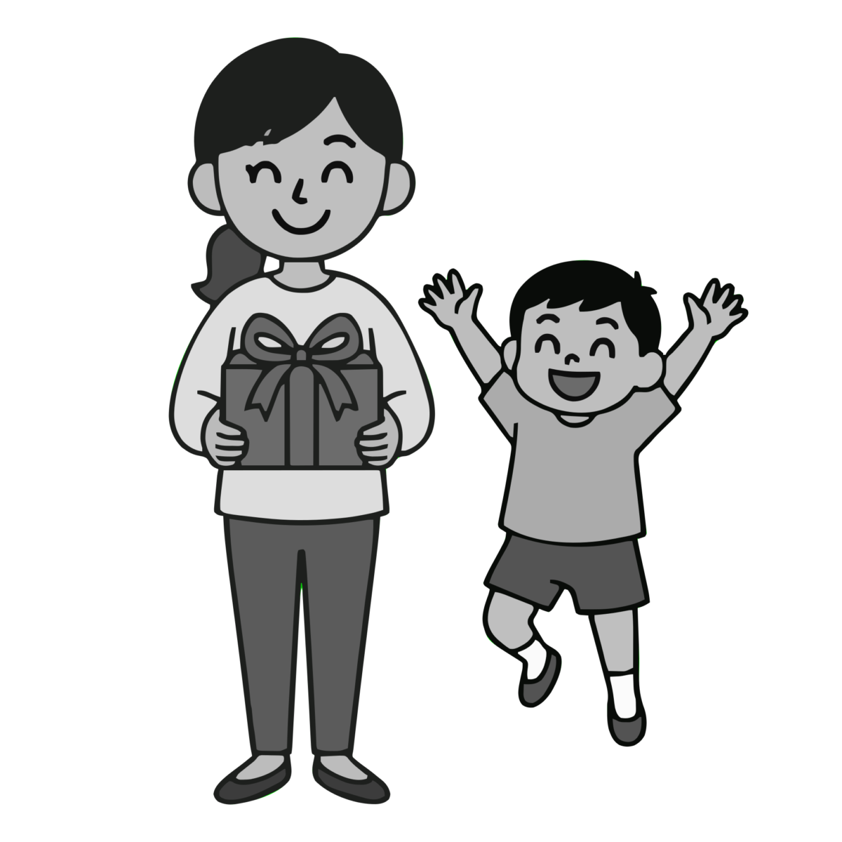 プレゼントをもらって喜ぶ子どものイラスト無料ダウンロード（モノクロ）