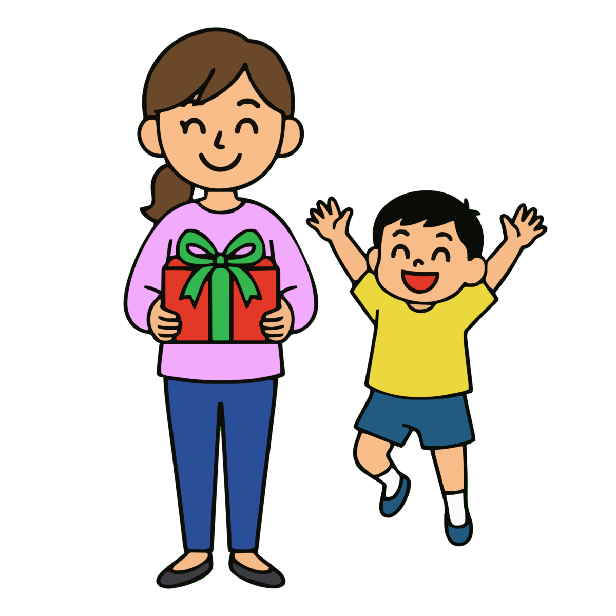 プレゼントをもらって喜ぶ子どものイラスト無料ダウンロード（カラー）