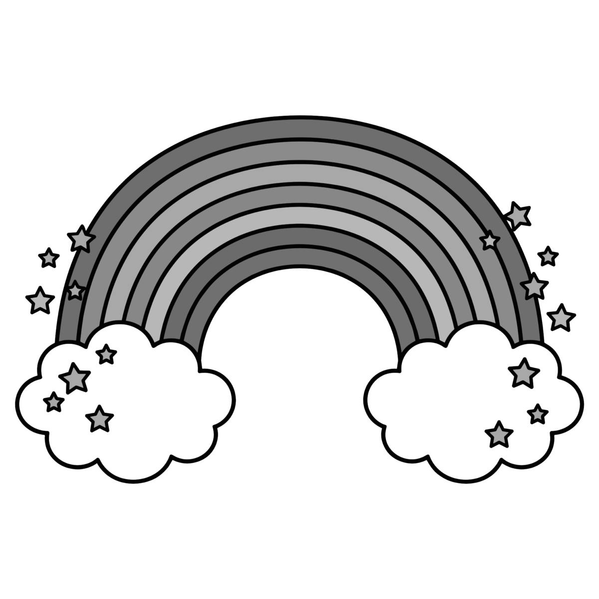 星と雲に囲まれた虹のイラスト無料ダウンロード（モノクロ）