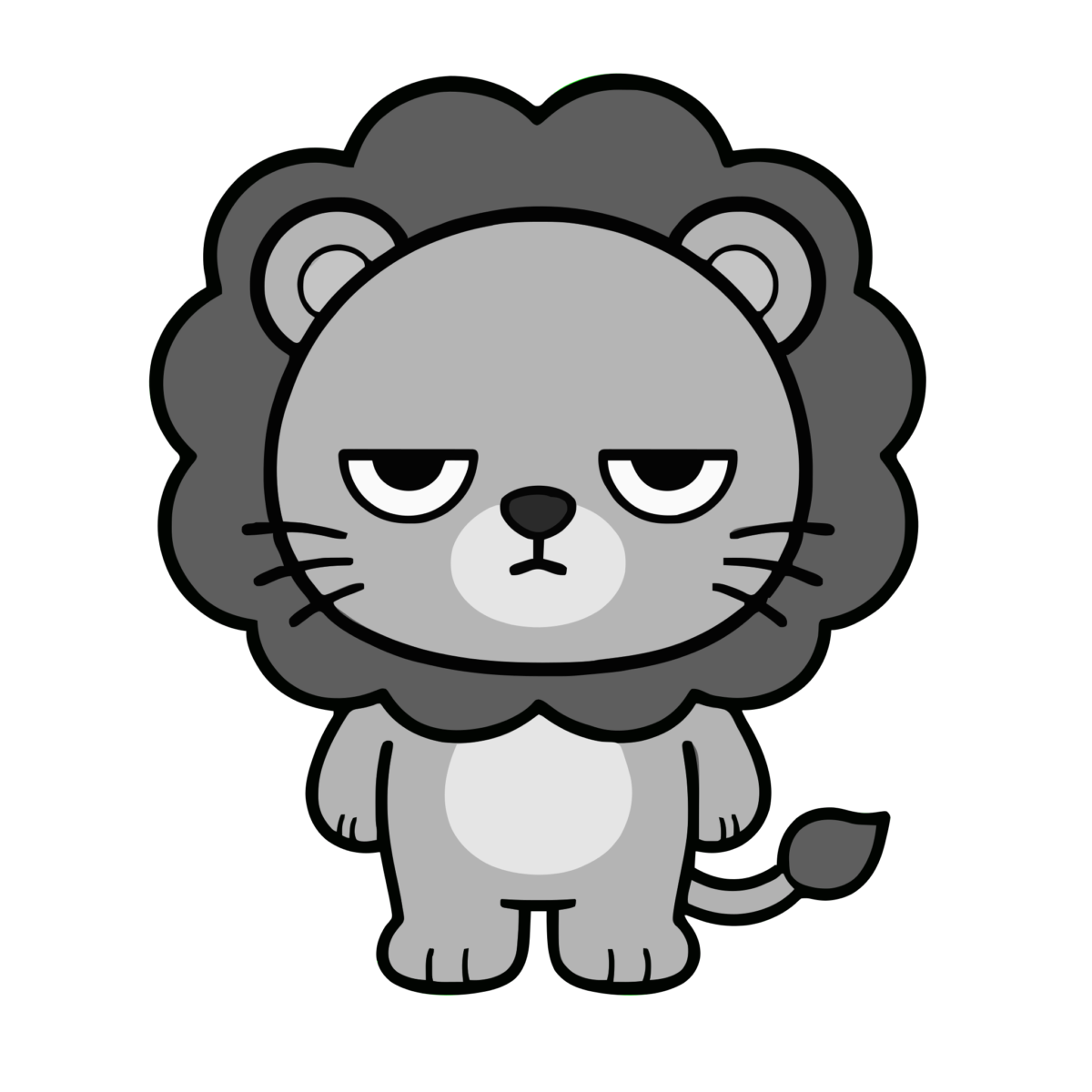かわいいライオンのイラスト（正面・全身）（モノクロ）