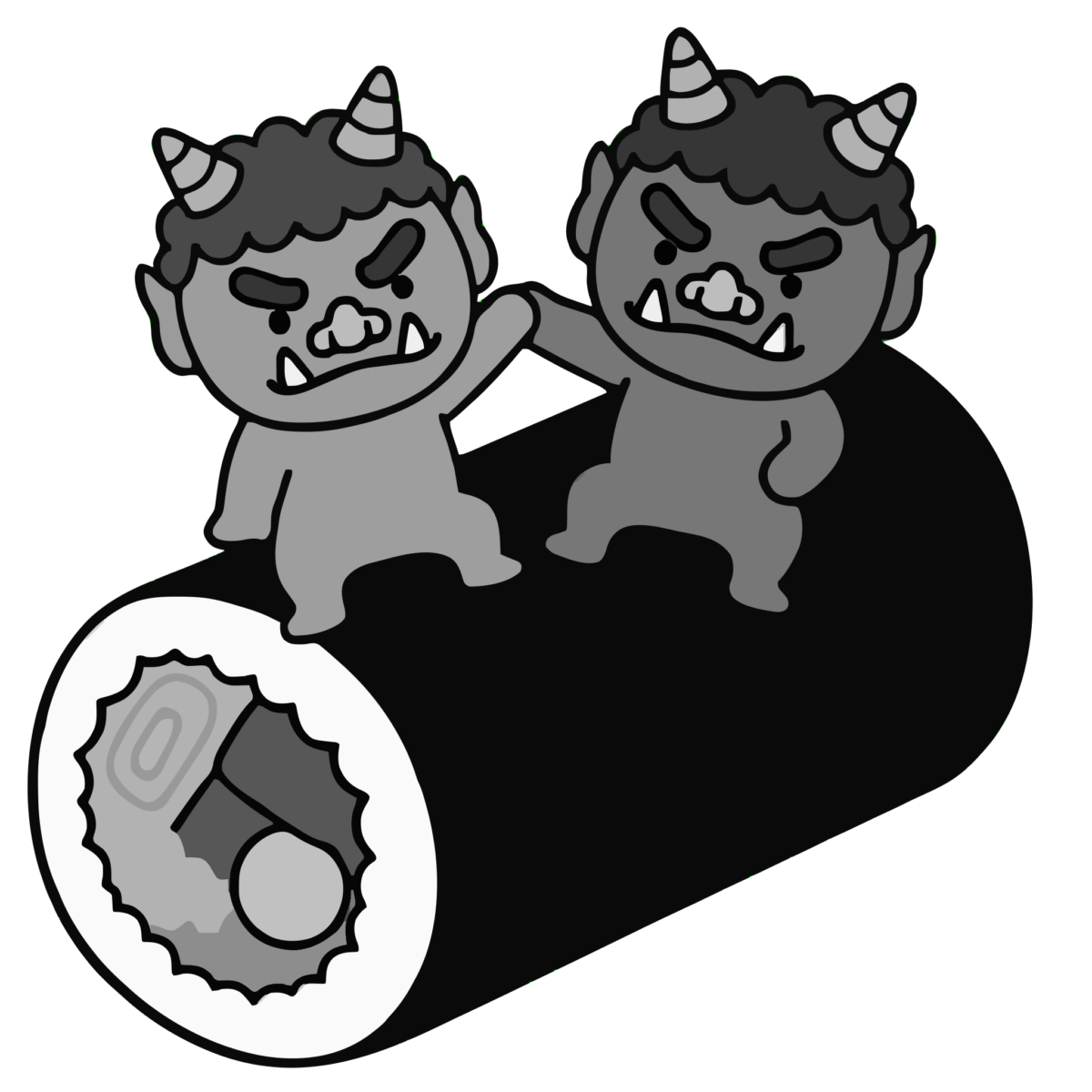 赤鬼と青鬼が恵方巻きに乗るのイラスト無料ダウンロード（モノクロ）