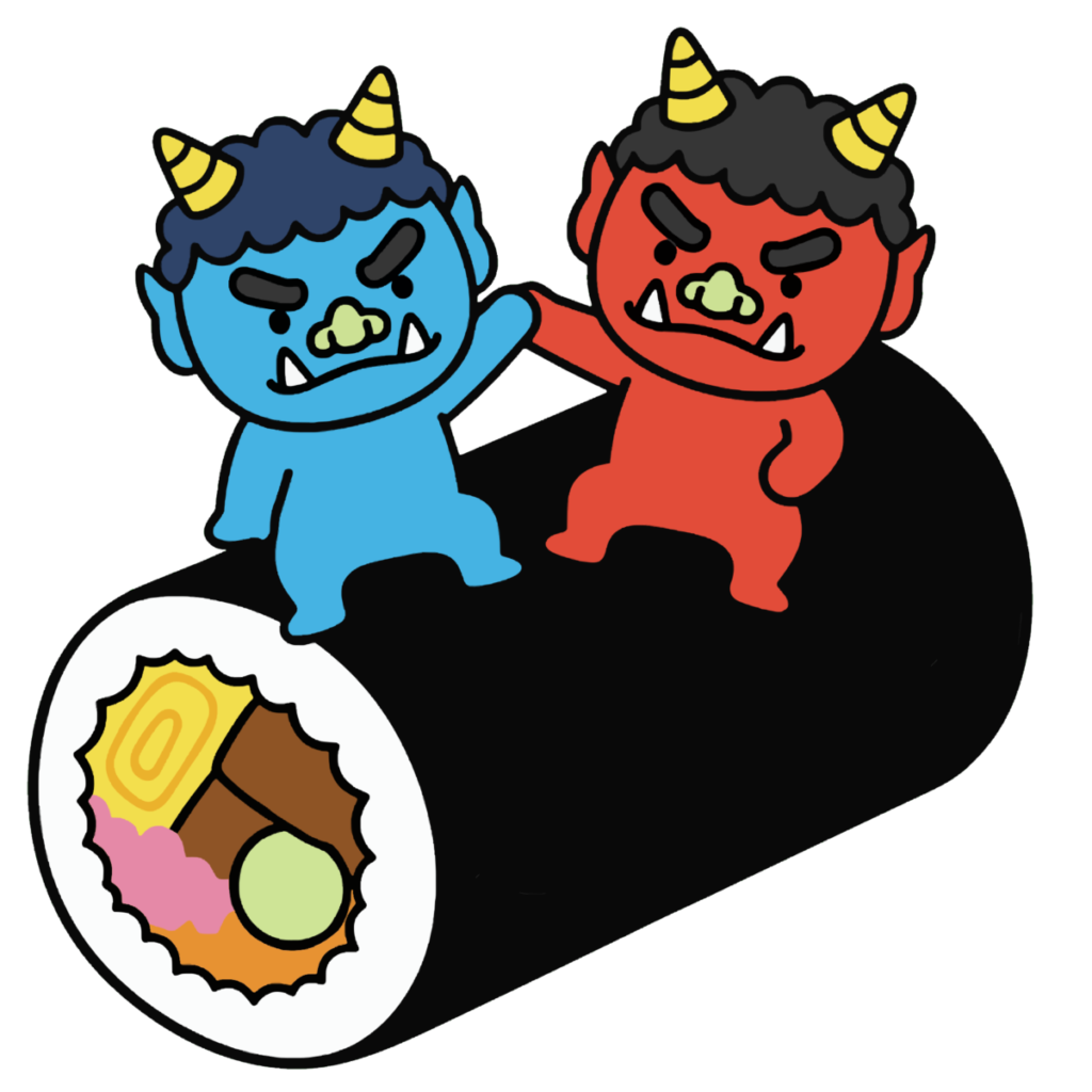 赤鬼と青鬼が恵方巻きに乗るのイラスト無料ダウンロード（カラー）