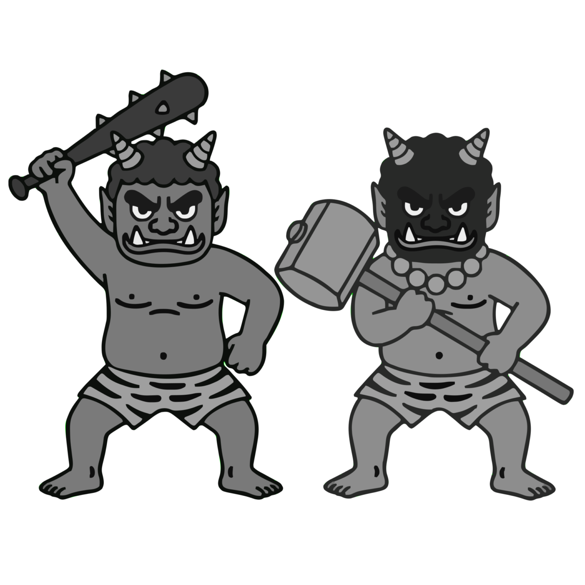 武器を持って構える赤鬼と青鬼のイラスト無料ダウンロード（モノクロ）