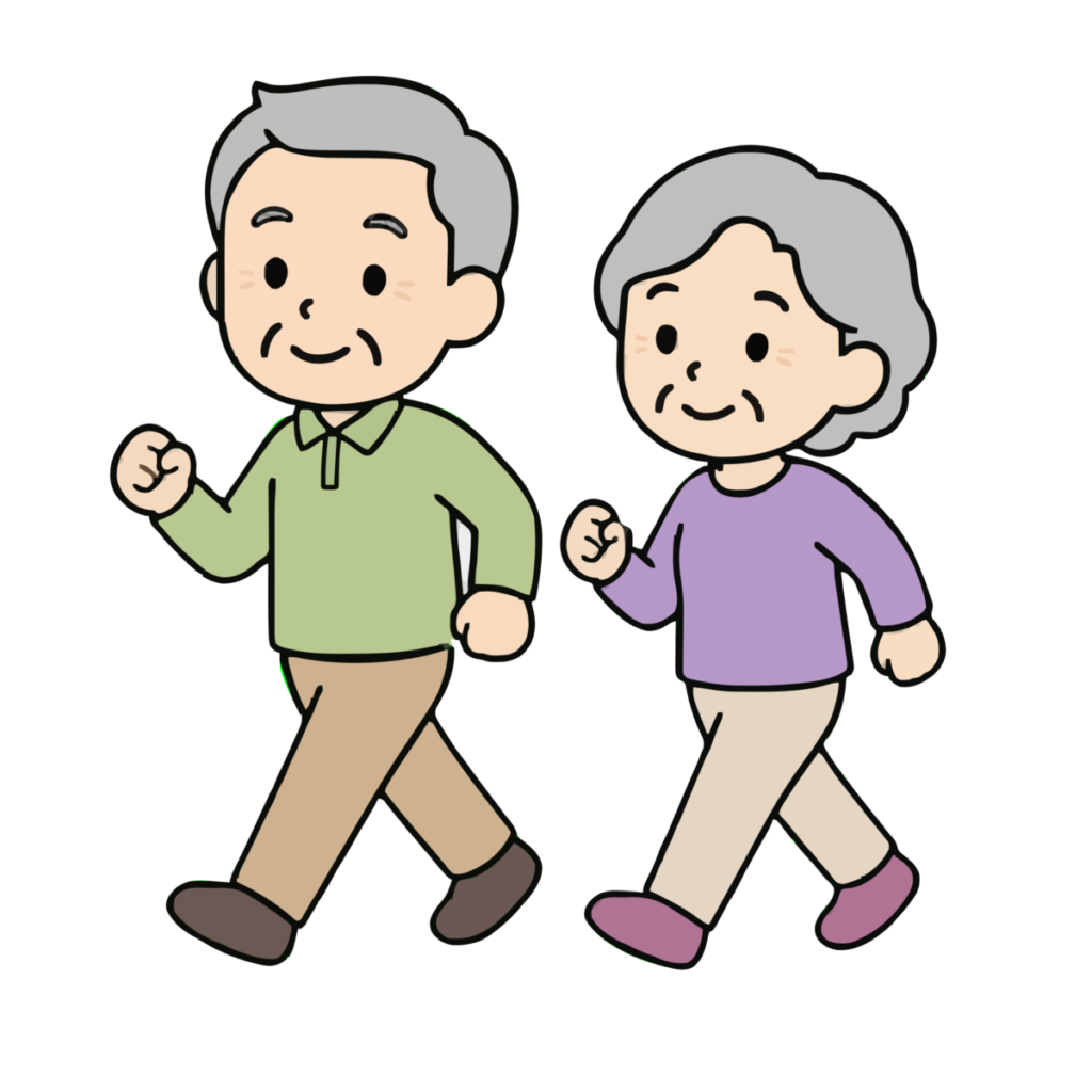 散歩するお年寄りのかわいいイラスト（カラー）
