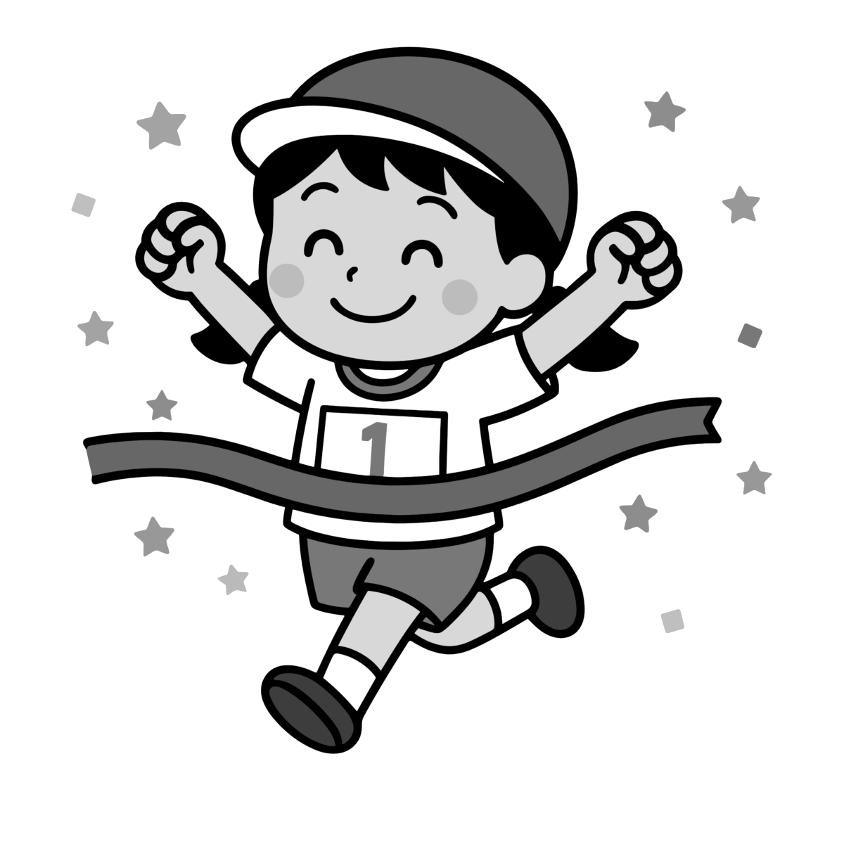 女の子園児のかけっこのイラスト無料ダウンロード（モノクロ）