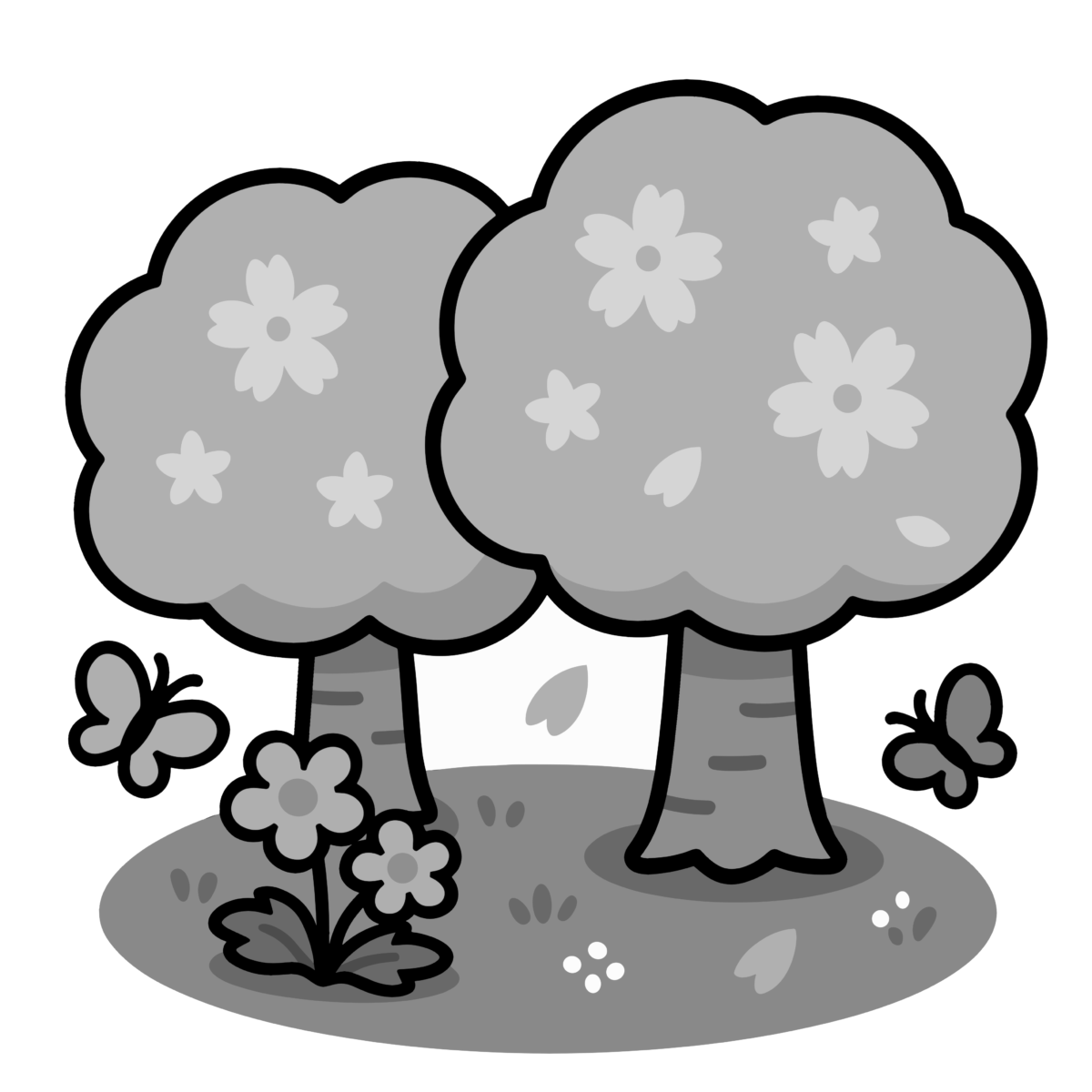 桜の木（花畑と蝶）のイラスト無料ダウンロード（モノクロ）