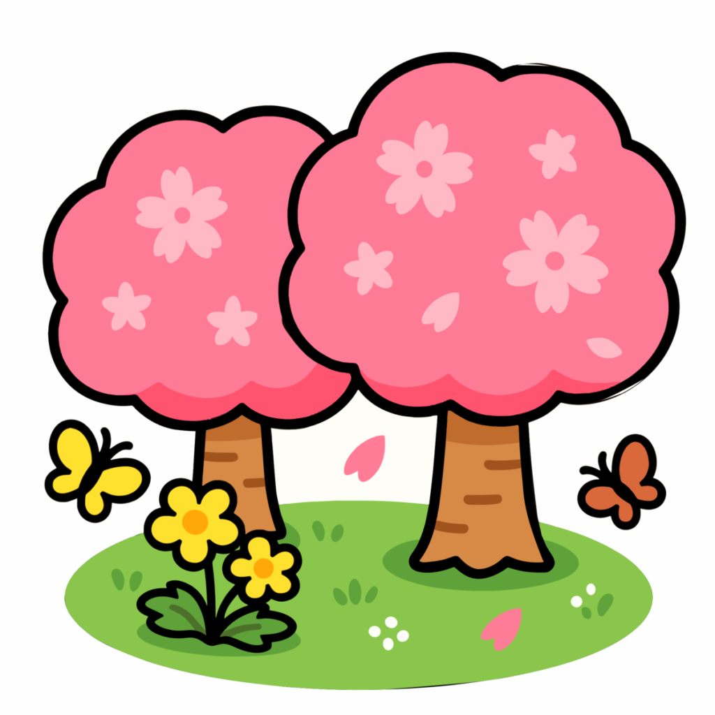 桜の木（花畑と蝶）のイラスト無料ダウンロード（カラー）