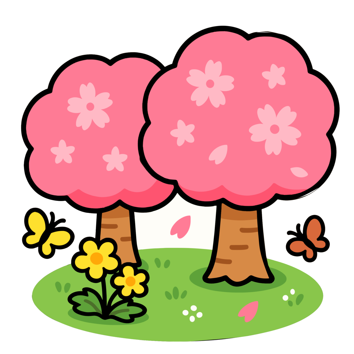 桜の木(花畑と蝶)のイラスト無料ダウンロード(カラー)