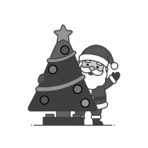 サンタクロースとクリスマスツリーのイラスト無料ダウンロード（モノクロ）