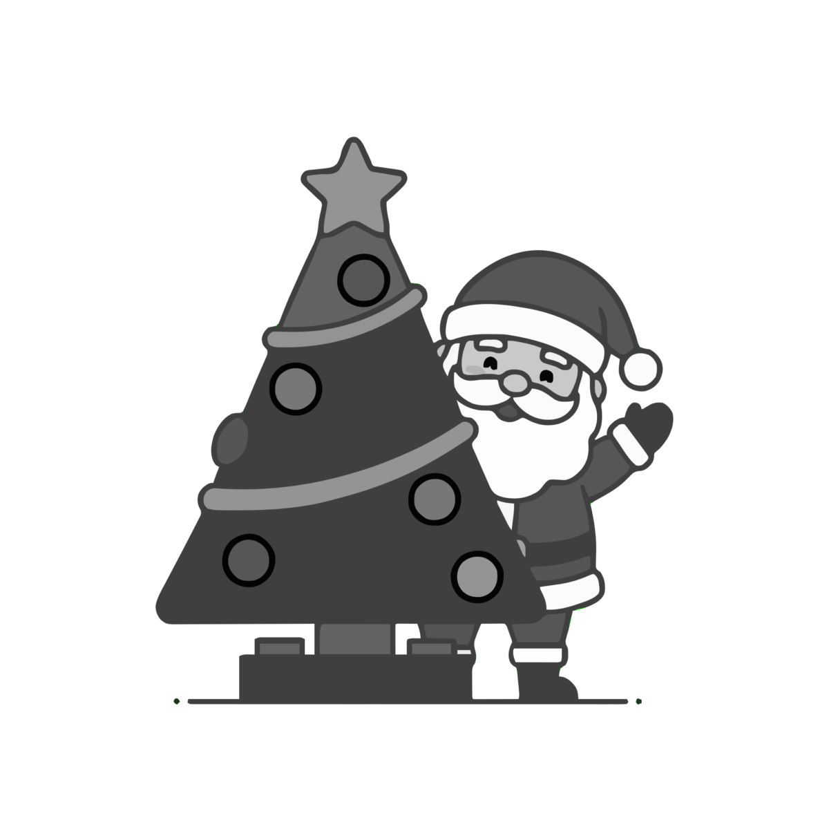 サンタクロースとクリスマスツリーのイラスト無料ダウンロード（モノクロ）