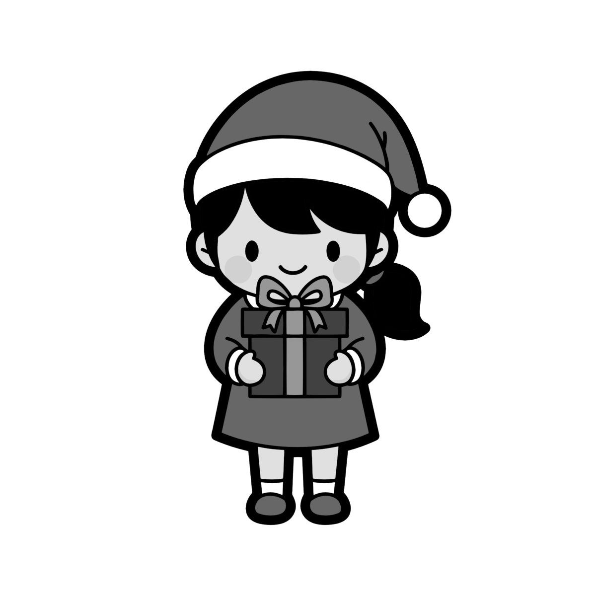 サンタ衣装の女の子（全身）のイラスト無料ダウンロード（モノクロ）