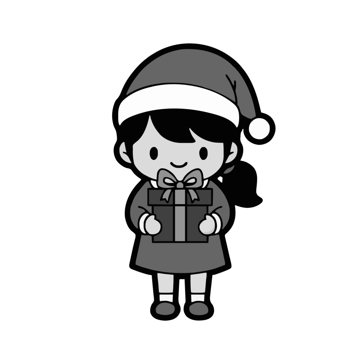 サンタ衣装の女の子（全身）のイラスト無料ダウンロード（モノクロ）
