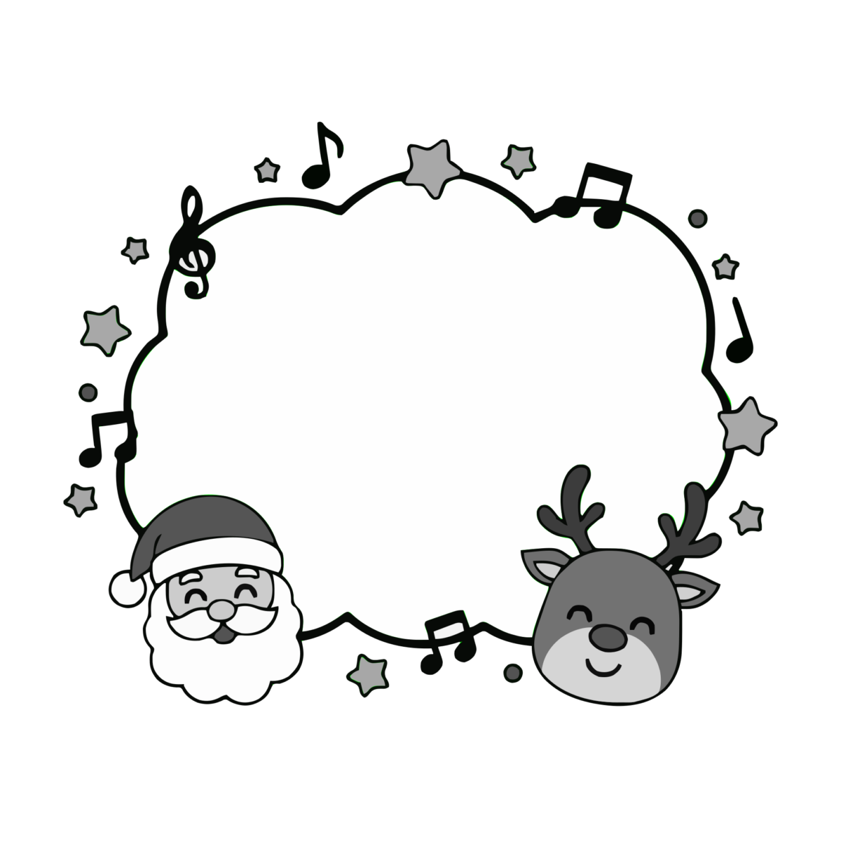 サンタとトナカイのクリスマスフレームのイラスト無料ダウンロード（モノクロ）