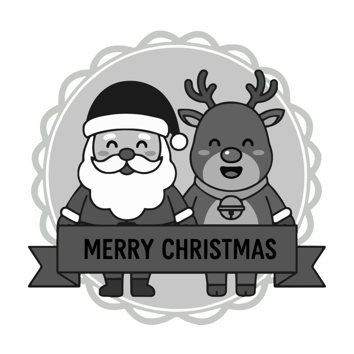 サンタとトナカイのメリークリスマスのイラスト無料ダウンロード(モノクロ)
