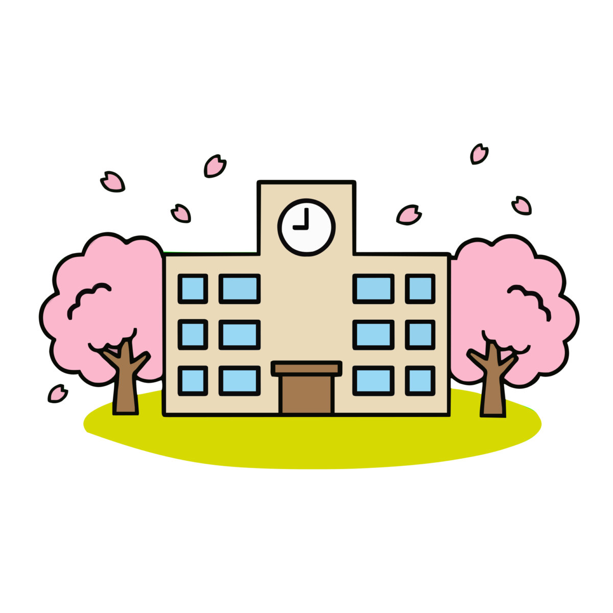 桜と学校のイラスト無料ダウンロード（カラー）