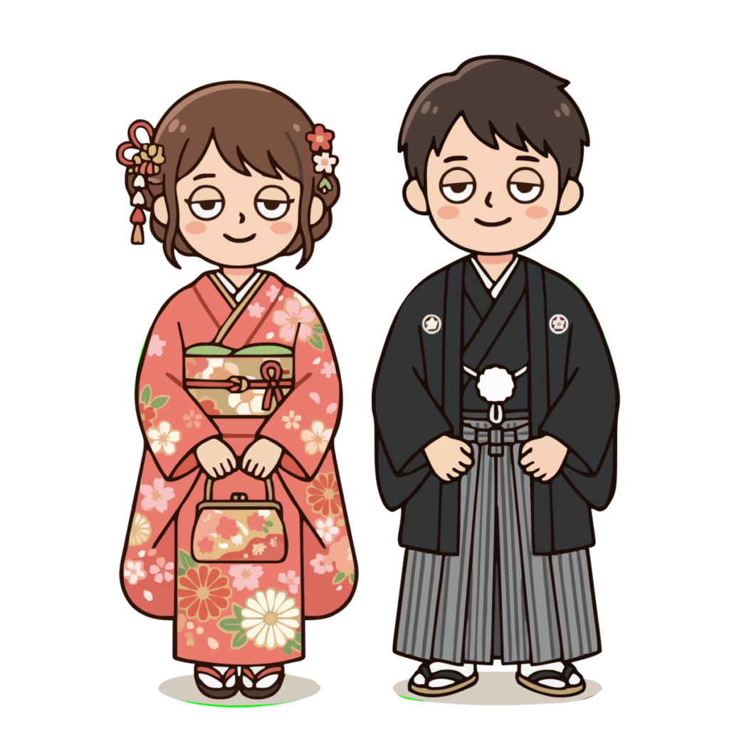 成人式・振袖と袴姿のイラスト（カラー）