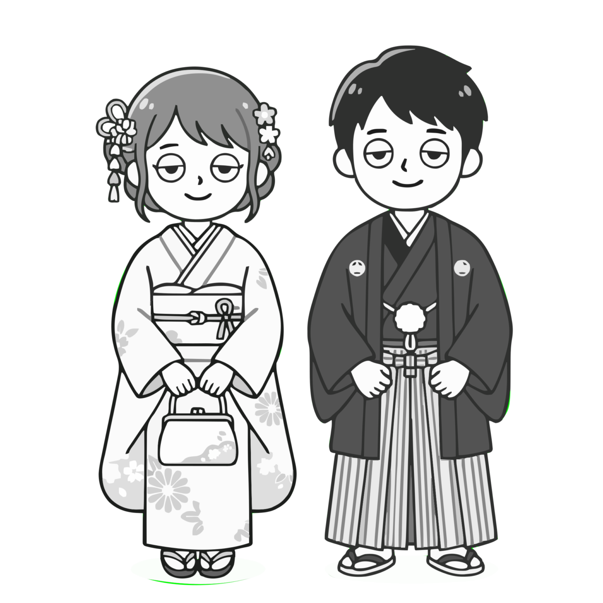 成人式・振袖と袴姿のイラスト（モノクロ）
