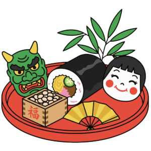 恵方巻とおかめと鬼のお面
