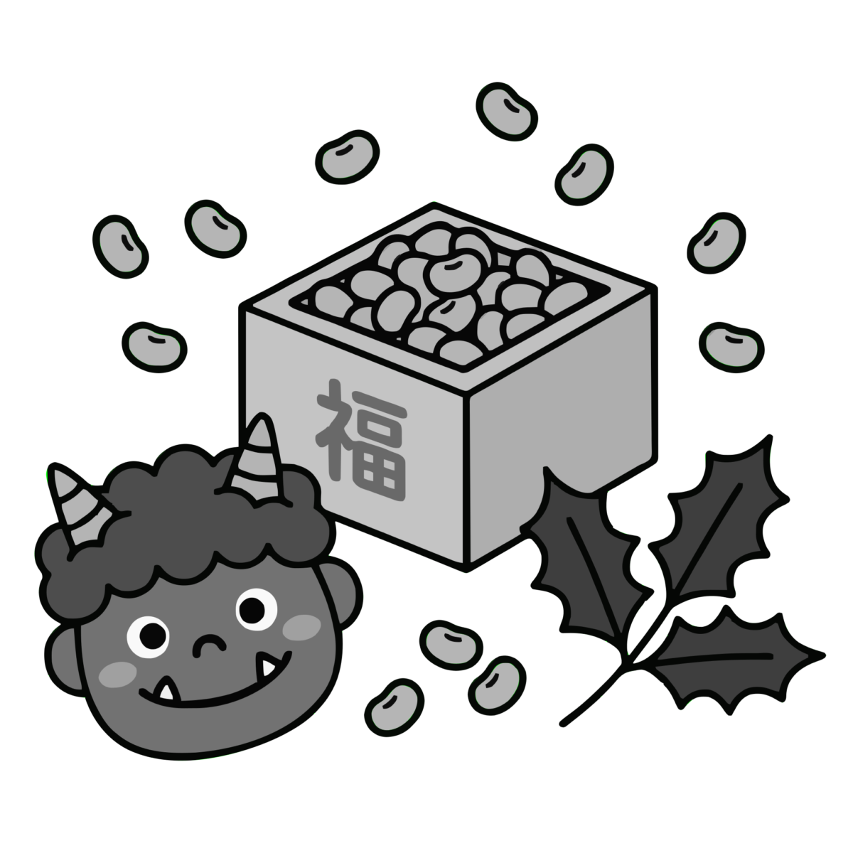 節分の豆まきのイラスト無料ダウンロード（モノクロ）