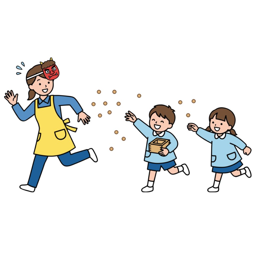節分の豆まきをする保育士と子どもたちのイラスト無料ダウンロード（カラー）
