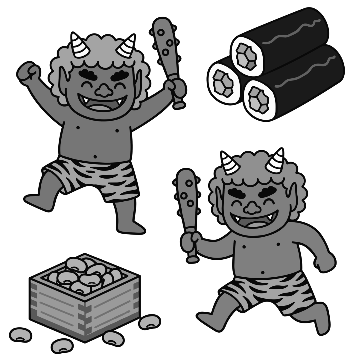 赤鬼と青鬼・恵方巻き・福豆の節分のイラスト無料ダウンロード（モノクロ）