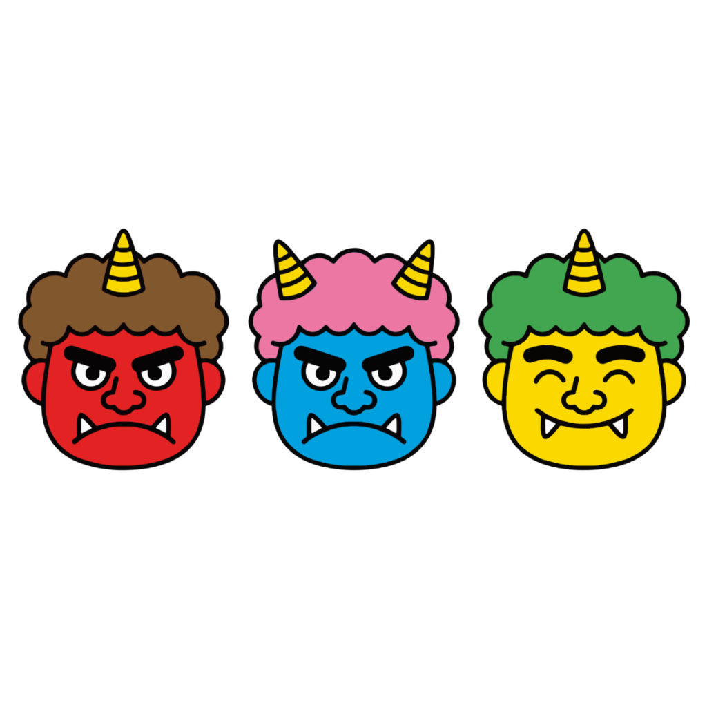 鬼の顔（赤・青・黄の3人）のイラスト無料ダウンロード（カラー）