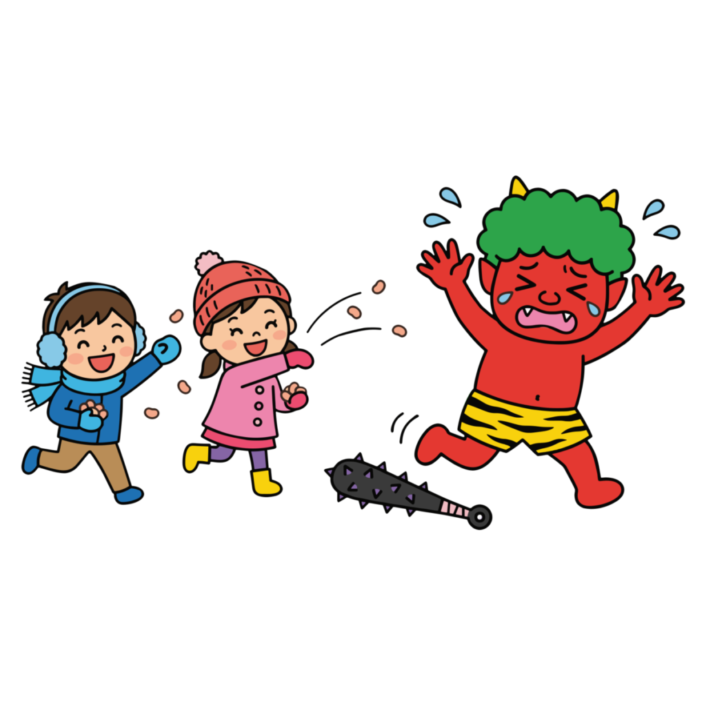 節分の豆まきで鬼を追い払うのイラスト無料ダウンロード（カラー）