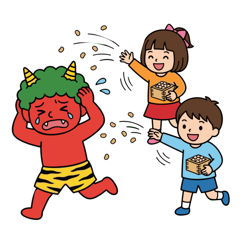節分で豆まきをする子どもと鬼のイラスト無料ダウンロード（カラー）