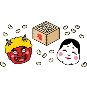 節分の鬼とおたふくの豆まき