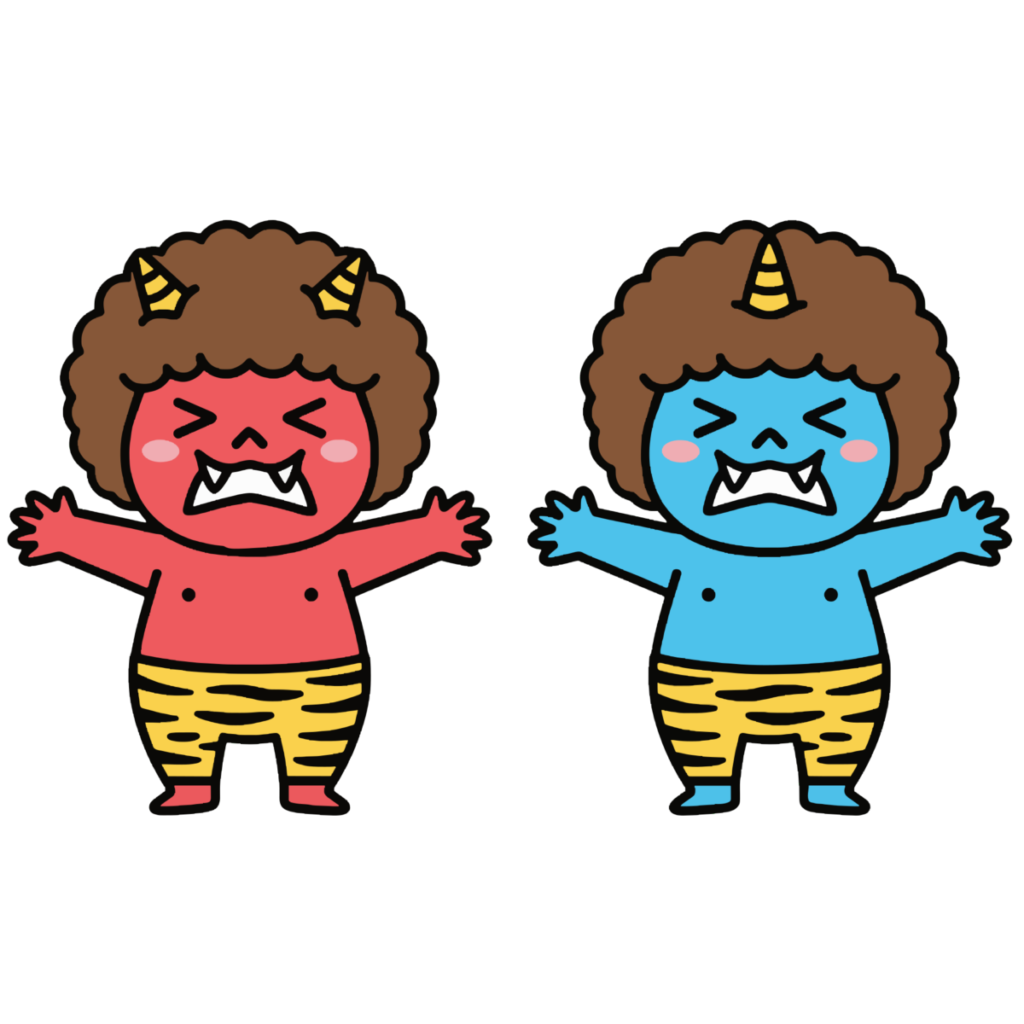 両手を広げた赤鬼と青鬼のイラスト無料ダウンロード（カラー）