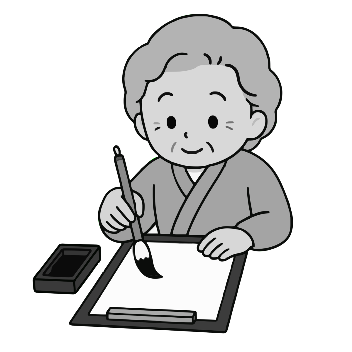 書道をするお年寄りのかわいいイラスト（モノクロ）