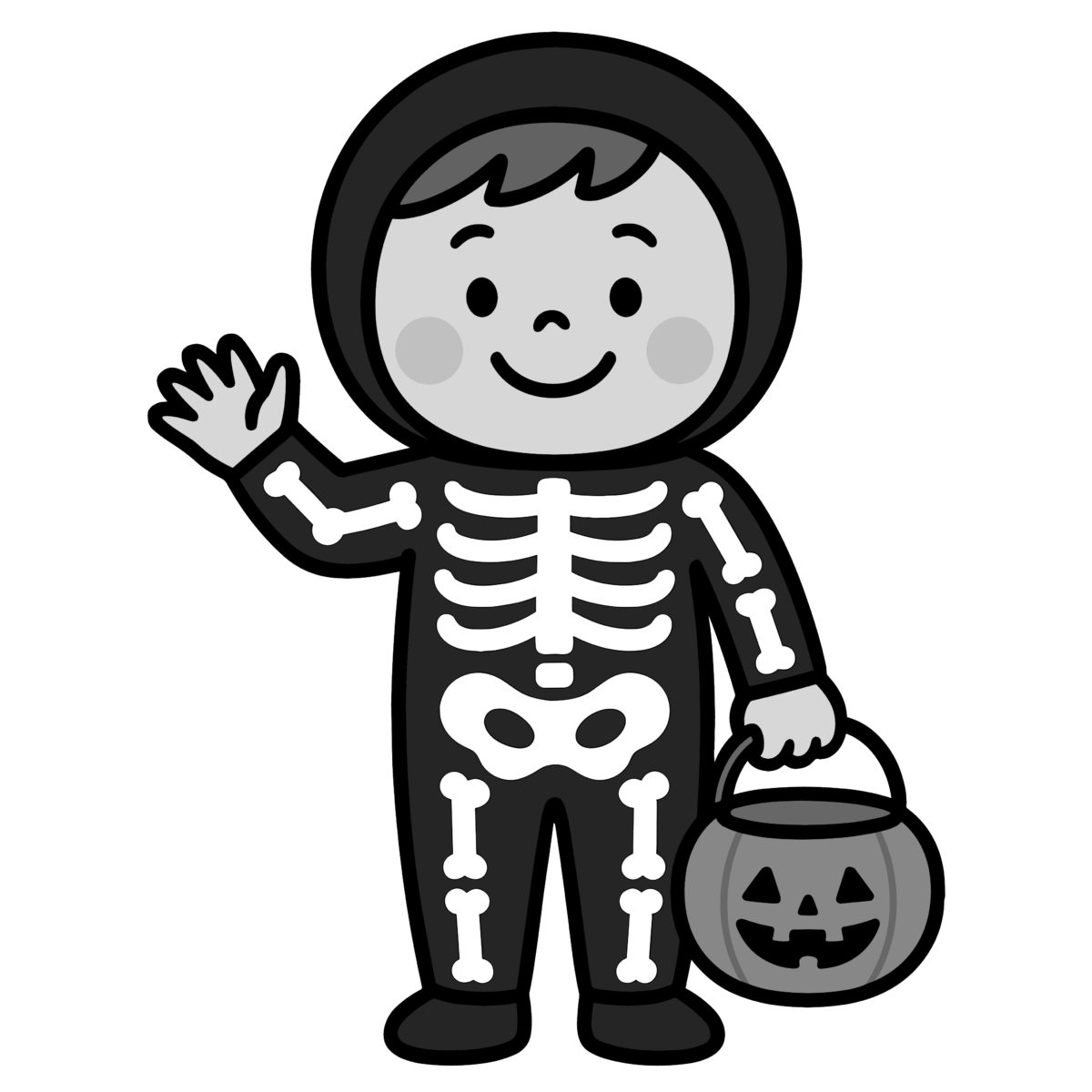 ガイコツ仮装の園児のイラスト無料ダウンロード（モノクロ）