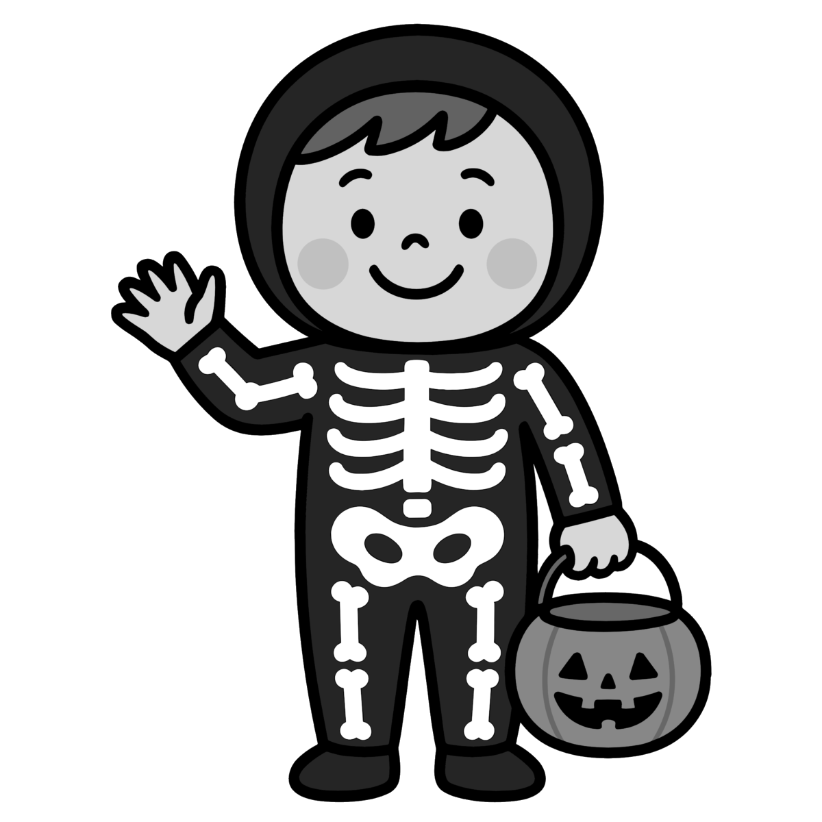 ガイコツ仮装の園児のイラスト無料ダウンロード（モノクロ）