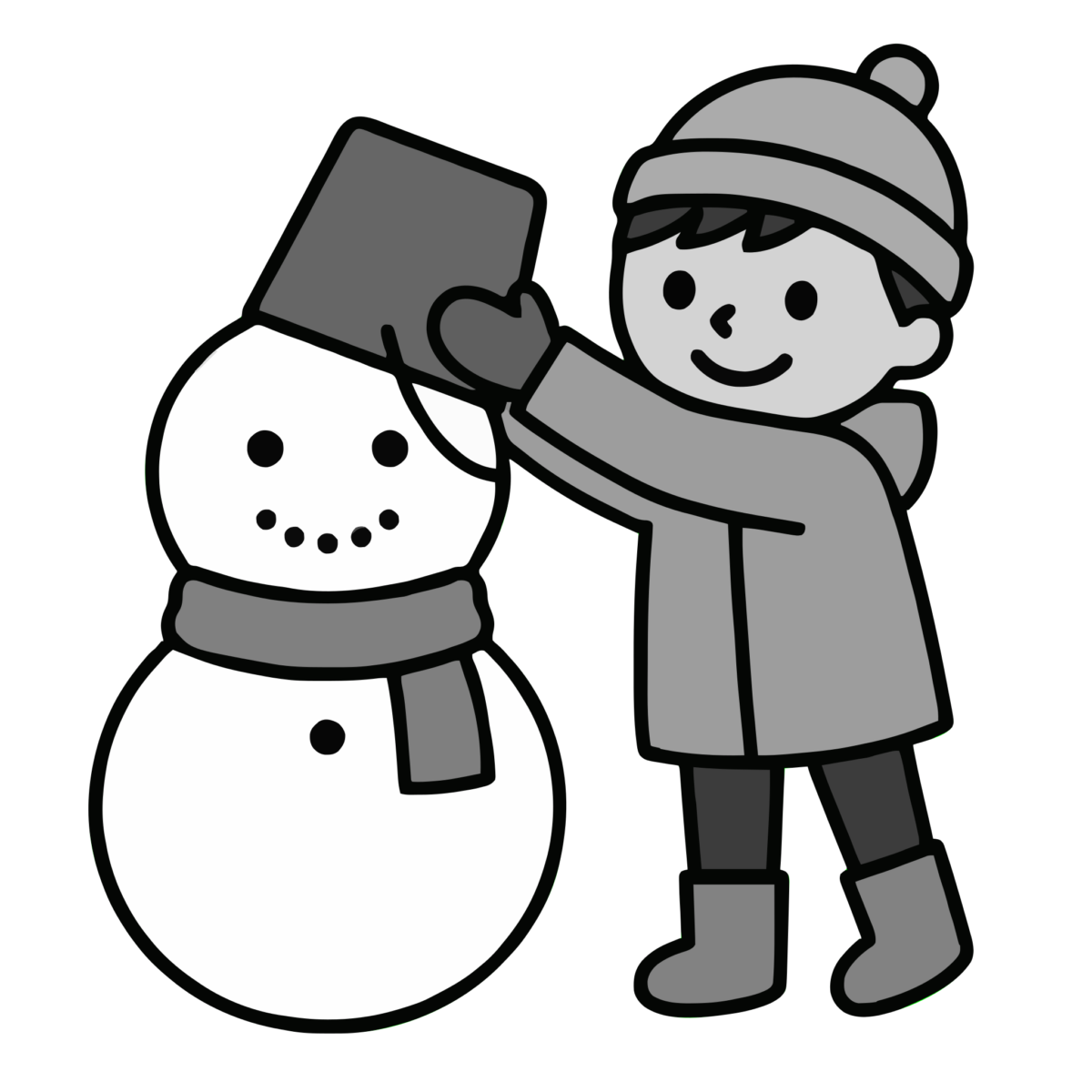 雪だるまを作る子どものイラスト無料ダウンロード（モノクロ）