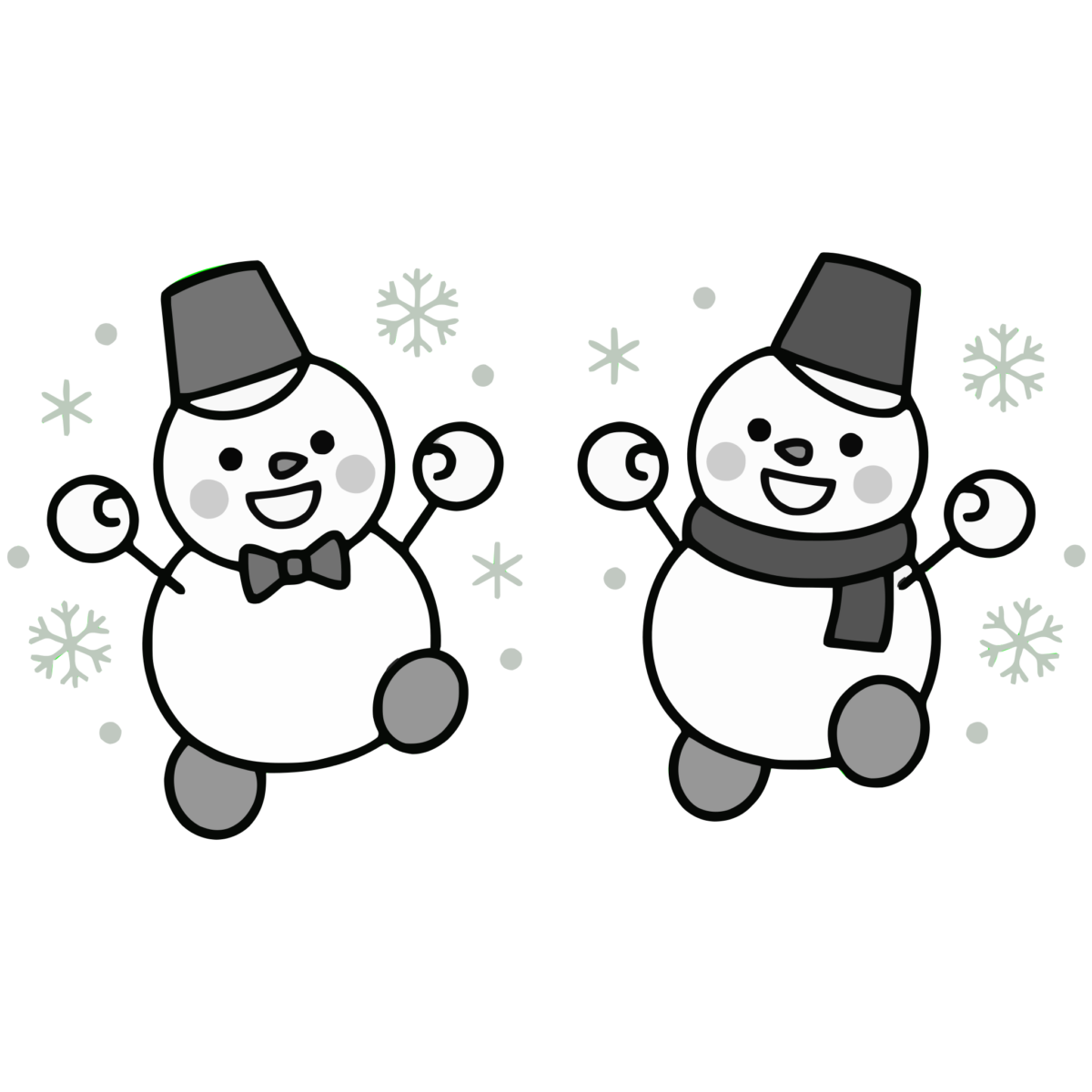 雪だるま（ふたり）のイラスト無料ダウンロード（モノクロ）