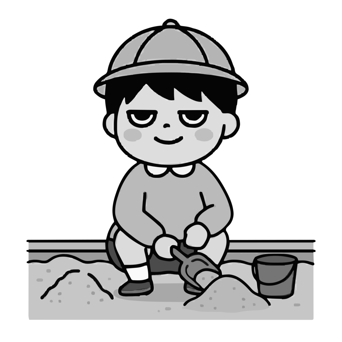 砂場あそびのかわいいイラスト(モノクロ)