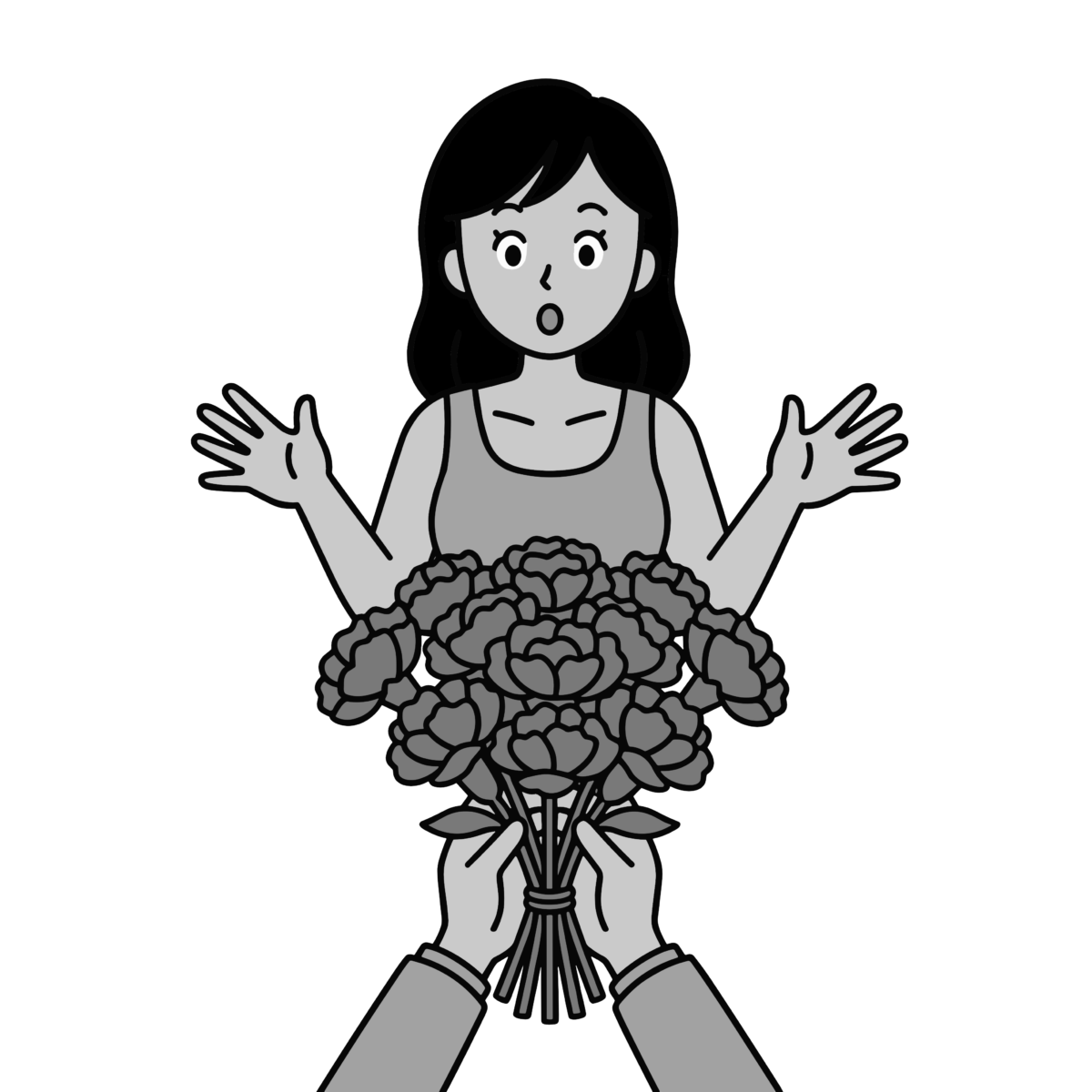 花束をもらって驚く女性のイラスト無料ダウンロード（モノクロ）