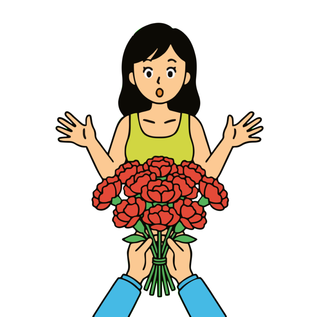 花束をもらって驚く女性のイラスト無料ダウンロード（カラー）