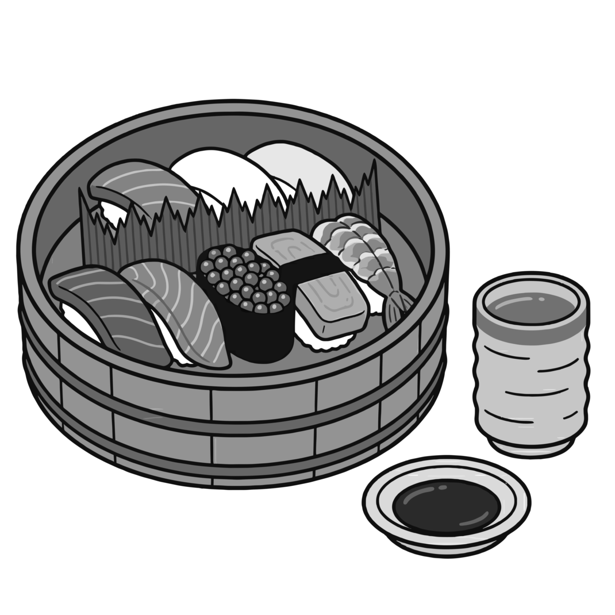 木桶に入ったお寿司セットのイラスト無料ダウンロード（モノクロ）