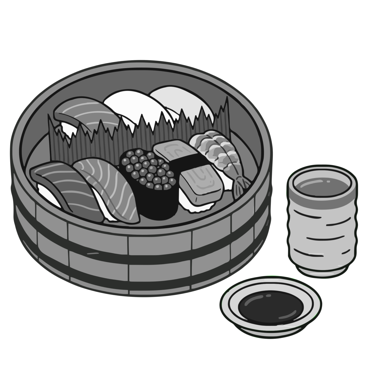 木桶に入ったお寿司セットのイラスト無料ダウンロード（モノクロ）