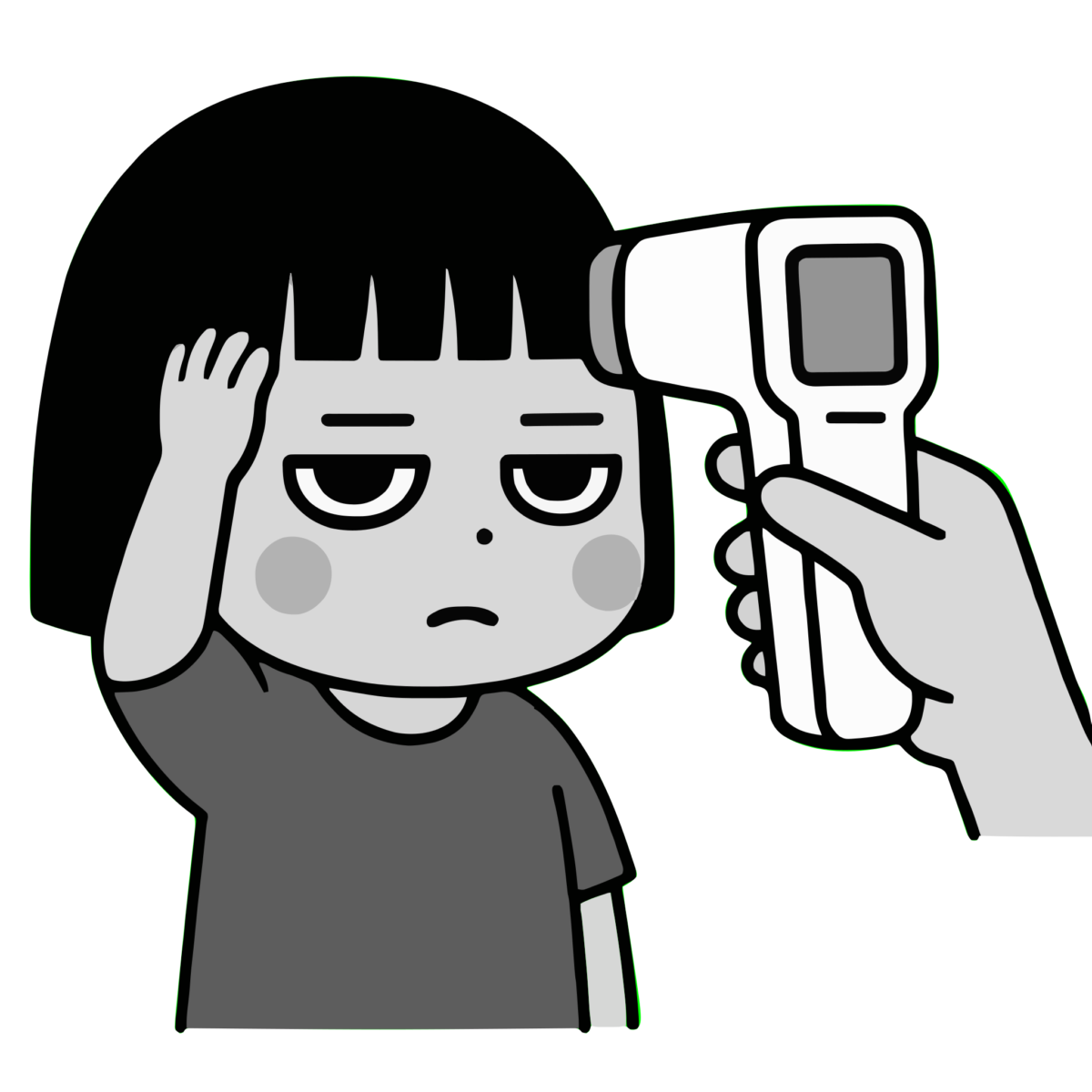 体温計で測る女の子のイラスト無料ダウンロード（モノクロ）