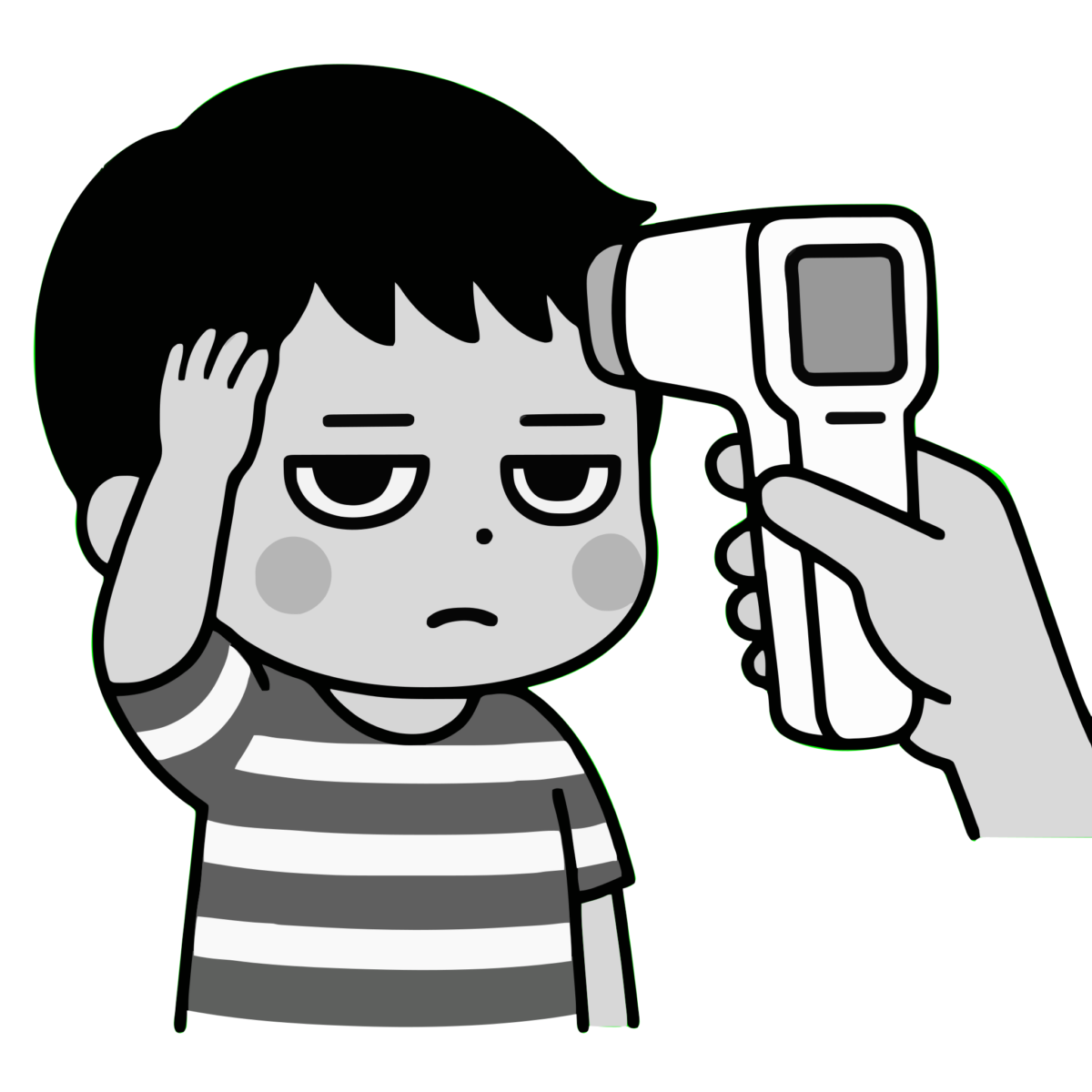 体温計で測る男の子のイラスト無料ダウンロード(モノクロ)